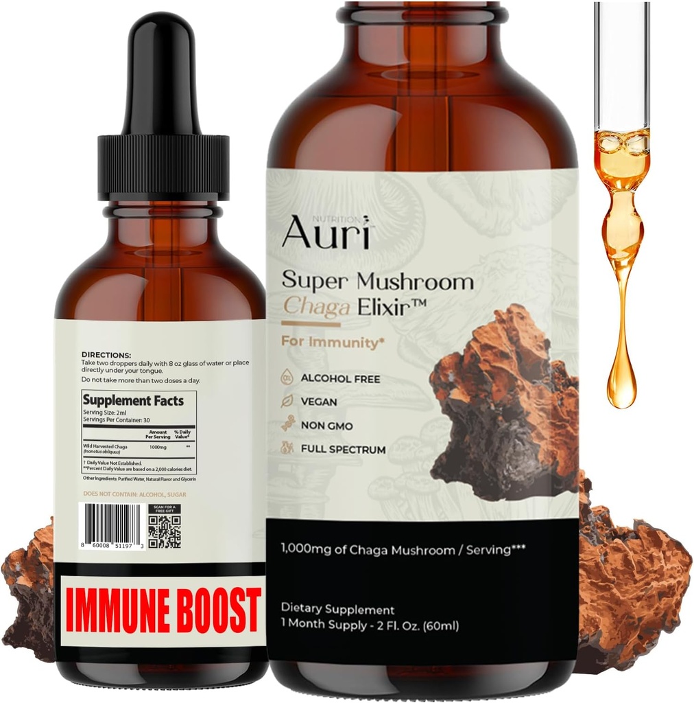 Auri Super Chaga Elixir - Tam Spectrum Immune Support from Oxidative Stress and Energy Lift - Chaga Tincture 60 ml