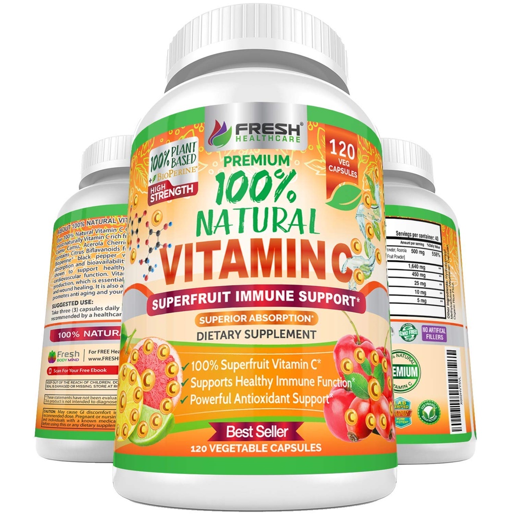 Taze Sağlık% 100 Doğal Vitamin C - Rose HIPS'den 500 mg, Acerola Cherry & Camu Camu - Yüksek Abhidrorpsiyon Immune Support, Skin, Ortak & Collagen ATM ile Citrus Biflavonoids - 120 Capsules