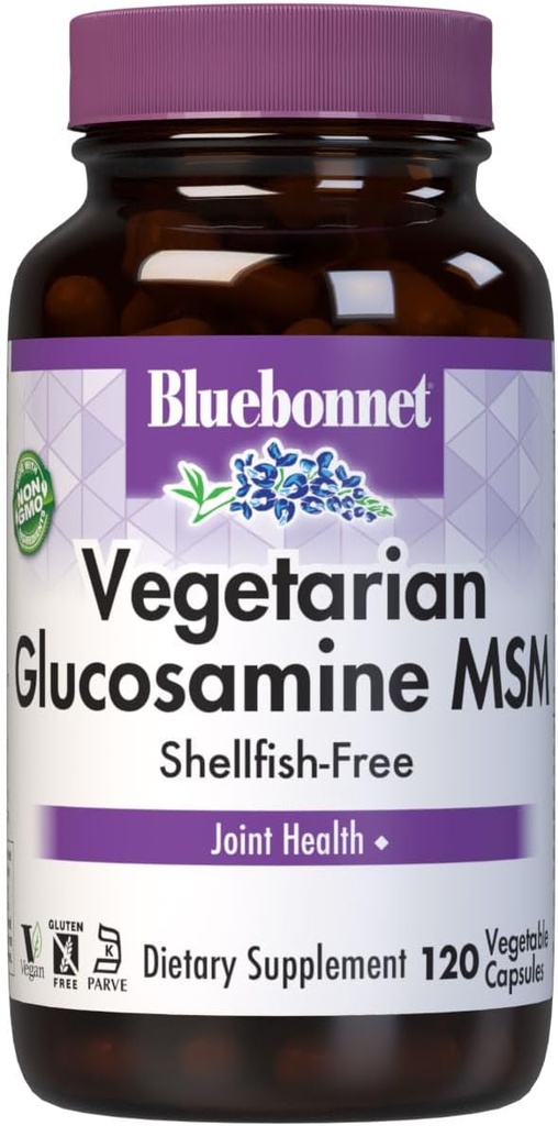 Bluebonnet Χορτοφαγική Γλυκοζαμίνη με MSM συμπλήρωμα - Shellfish-Free Κοινό Συμπλήρωμα Στήριξης για γυναίκες & άνδρες - Φυτική Γλυκοζαμίνη HCI - Vegan, Kosher, Χωρίς Σόγια, Γλουτένη & Γαλακτοκομικά - 120 V Caps