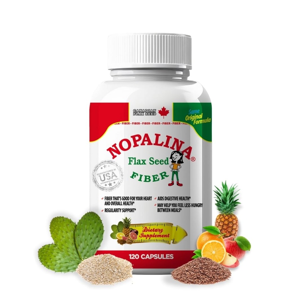 Nopalina Fiber Formula | 120 Capsules | Flax Seed, Psyllium, Oat and Wheat Bran, Omega 3, 6 & 9 | Gut Health & Regularity | The Original