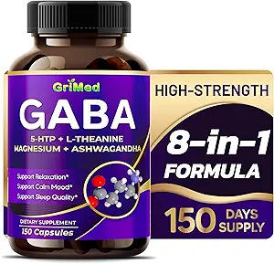 GriMed GABA 16,280mg - X15 Power with 5-HTP, L-Theanine, Magnezyum, Ashwagandha - Relax & Restore, Support Sleep Well - Made in USA (150 Count)