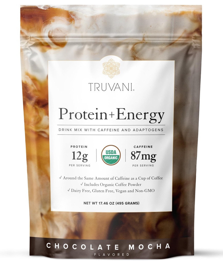 Truva proteini + Enerji 87 mg Caffeine | Çikolata Mocha | 12g Organik Bitki Temel Protein | 20 Hizmet | USDA Organik Kahve Toz & Adaptogens | Gluten & Dairy Free | Vegan