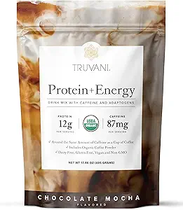 Truva proteini + Enerji 87 mg Caffeine | Çikolata Mocha | 12g Organik Bitki Temel Protein | 20 Hizmet | USDA Organik Kahve Toz & Adaptogens | Gluten & Dairy Free | Vegan