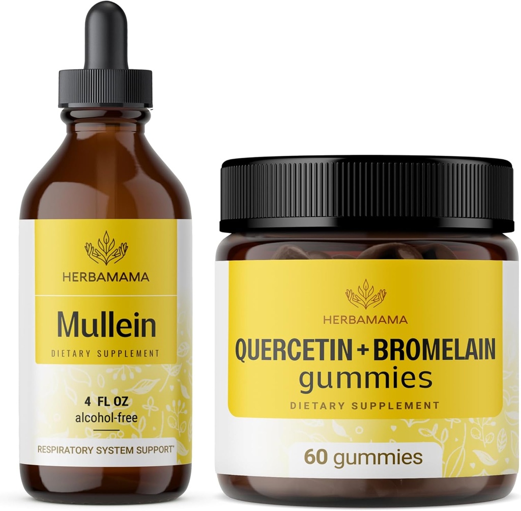 HERBAMAMA Mullein Leaf Extract and Quercetin Gummies Kit - Mullein Leaf Drops 4 fl oz ve 800 mg Quercetin with Bromelain Gummies - Vegan, Non-GMO, Alkol-Free - 2 Pack