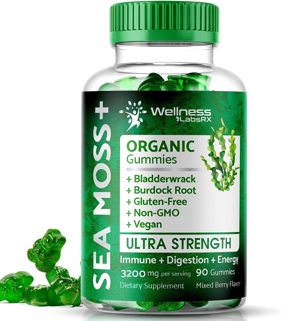 WELLNESS LABSRX Sea Moss Gummies, 3200mg Irish Sea Moss Mixed Berry Flavor with Maximum Potency Bladderwrack and Burdock Root - Supports Skin, Energy and Immunity - 90 Count