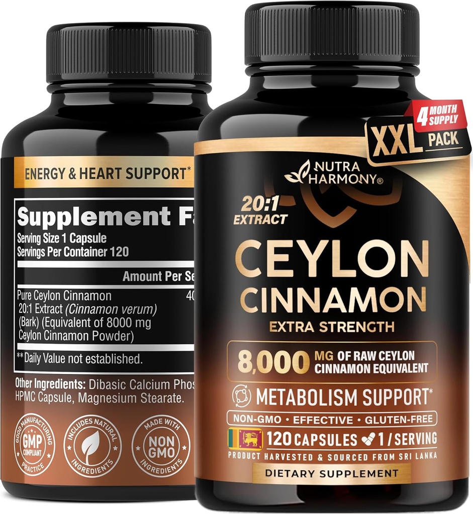 Ceylon Cinnamon Capses - Extra Strength - Ενέργεια, καρδιά & Μεταβολισμός Υποστήριξη - για άνδρες & γυναίκες - Καθαρό φυσικό εκχύλισμα 20:1 συμπλήρωμα - Κατασκευάζεται στις ΗΠΑ - GMO & Gluten Free, 120 κάψουλες, 4 μήνες προμήθεια