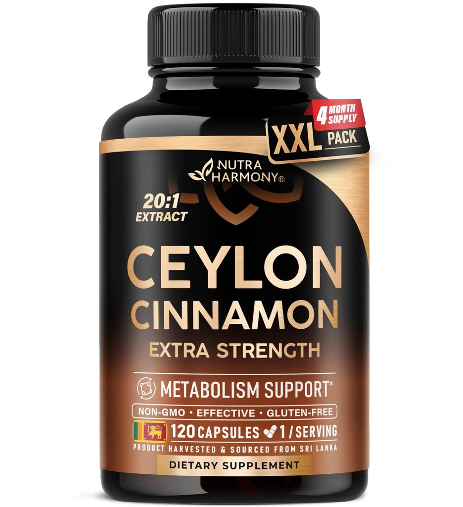 Ceylon Cinnamon Capsules - Ekstra Kuvvet - Enerji, Kalp ve Metabolizma Desteği - Erkekler ve Kadınlar için - Saf Doğal Tür 20:1 Tamam - ABD'de Made in ABD - GMO & Gluten Free, 120 Capsules, 4 Ay Supply & Metabolism Desteği - Erkekler ve Kadınlar için - Saf Doğal Türleme 20:1 Tamam - ABD'de Yapılacak - GMO & Gluten Free, 120 Capsules, 4 Ay Supply & Metabolis