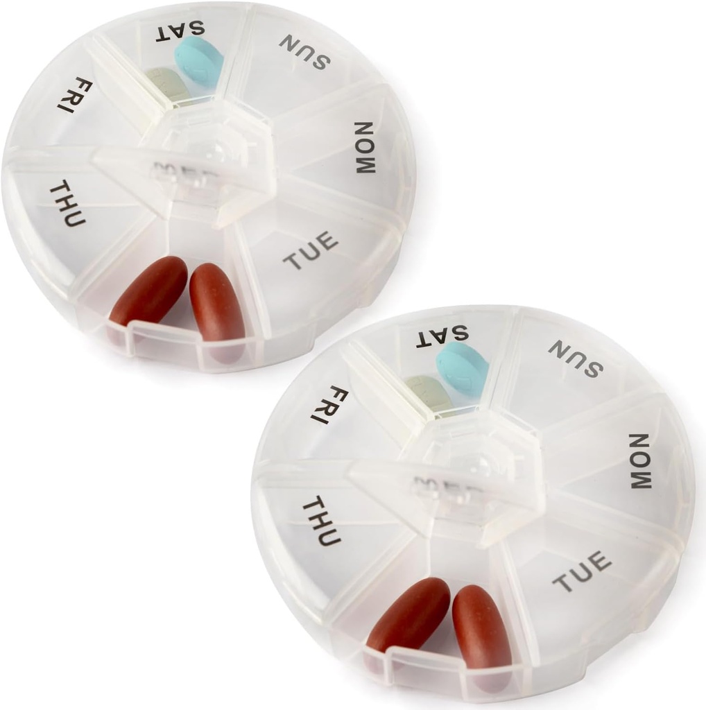 Deke Home - Round Portable Pill Box (2 Pack), Tıp Planlayıcı, Küçük 7 Günlük Seyahat Konteyneri, İlaçlar, Vitamin Sahibi, Pillbox Organizer, Pill Terry, Daily Sorter & Hatırlatıcı, Faraday Free