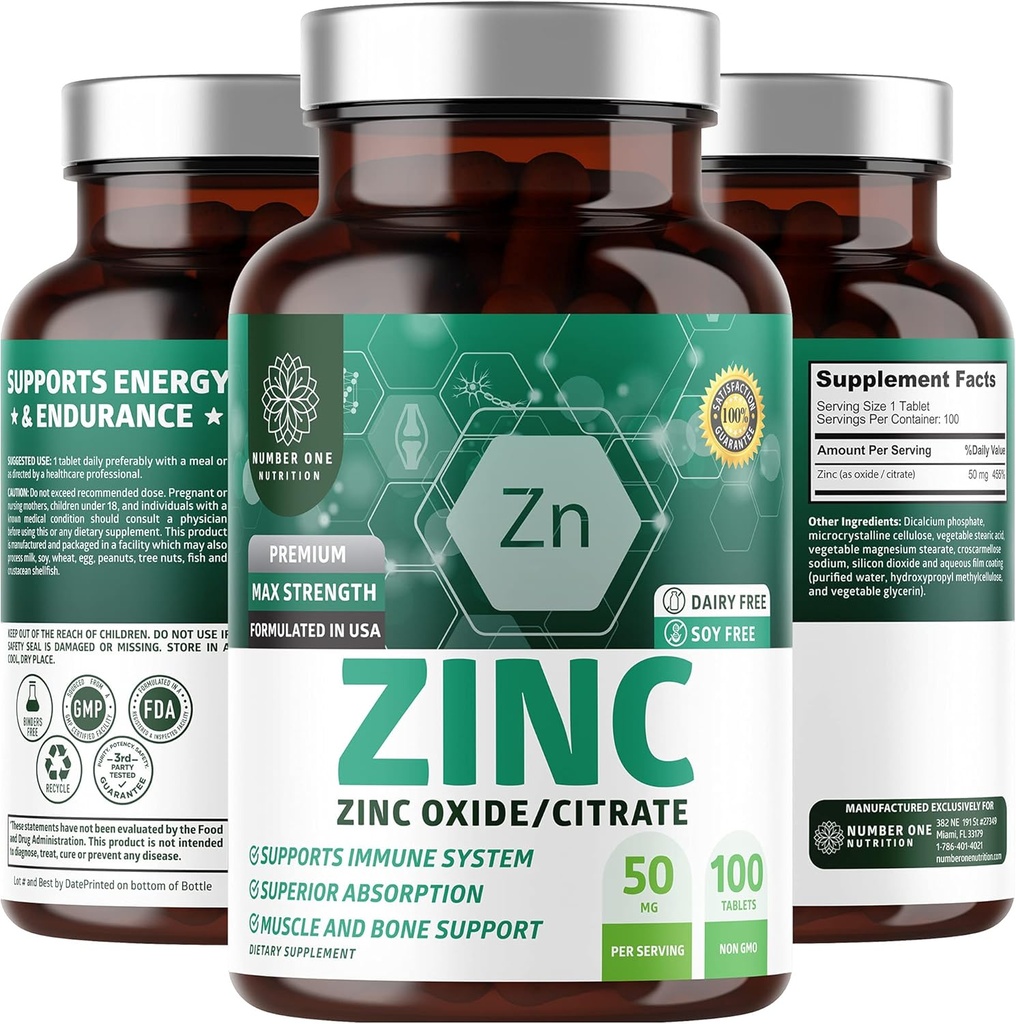 N1N Premium çinko 50 mg [3X Absiyon, Vegan] Tüm Doğal Çinko ve Immune Desteği için Citrate Supplement, Skin Health ve Better Digestion, 100 Tablet