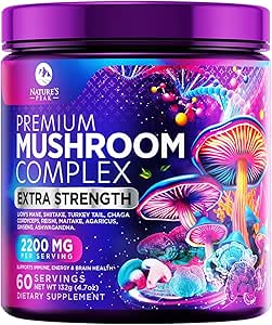 Mushroom Supplement Toz 2200 mg - 1 Kompleks Formula Toz Organik Lions Mane, Reishi, Cordyceps, Chaga, Türkiye Tail Mushroom Extract Supplement for Memory & Brain Support - 60 Servisler