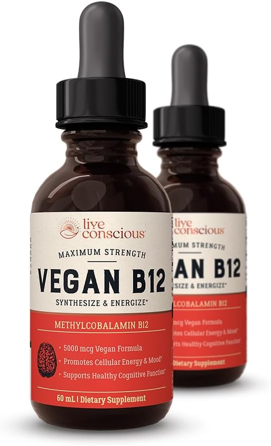 Ζωντανή συνείδηση Vegan Βιταμίνη B12 Υπογλώσσια Υγρές σταγόνες Μεθυλοκοβαλαμίνη Μέγιστη Δύναμη B12 5000mcg Φόρμουλα - Vegan B 12 Βιταμίνη Υποστήριξη Ενέργεια, Προώθηση Μνήμης & Βοήθεια ανοσοποιητικό σύστημα (2 Pack)