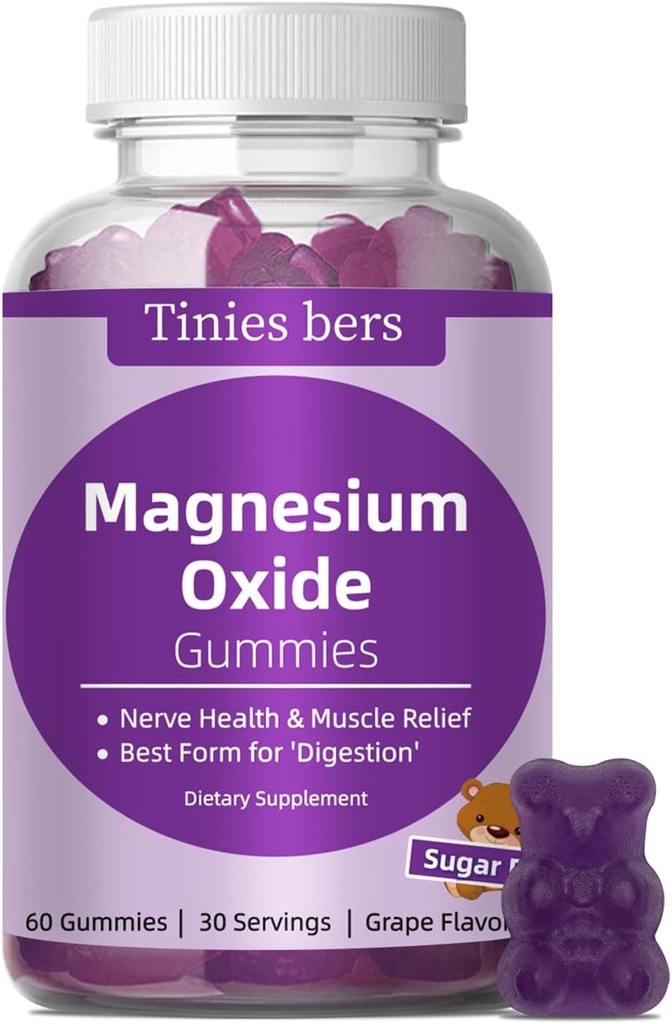 Magnezyum Oksit Gummies 500 mg, Sugar Free for Yetişkinler & Kids, Best Mg Form for 'Digestion', Sleep, Nerve, Head Health, Muscle & Stress Relief, Gluten Free, Non GMO, Vegan, Pectin, 60