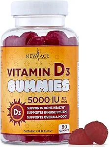YENİ AGE Vitamin D3 5000 IU 125mcg Gummies - Destek Immune Support, Güçlü Bone Health - Non-GMO, Gluten-Free, Dairy-Free, No Gelatin (60 Gummies)