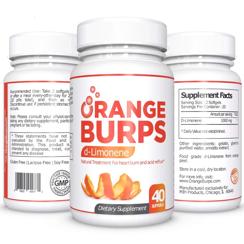 Orange Burps | D-Limonene Supplement - Acid Reducer (Antacid for Acid Reflux), Heartburn Relief, GERD Relief, and Indigestion Relief | Orange Peel Extract for Health and Wellness (1,000 mg, Pack of 3)