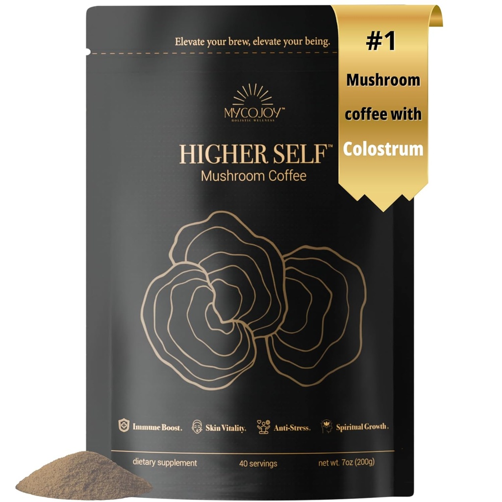 YÜKSEKER SELFTM Mushroom Coffee Ultimate Focus & Immune Support Blend ile% 40 IgG Colostrum, Organik Arapa, Aslan'ın Mane, Reishi, Chaga, L-Theanine ve Frankincense for Immune Support, Focus, Energy, Mood and Gut Health | 7oz. 40 hizmetkar