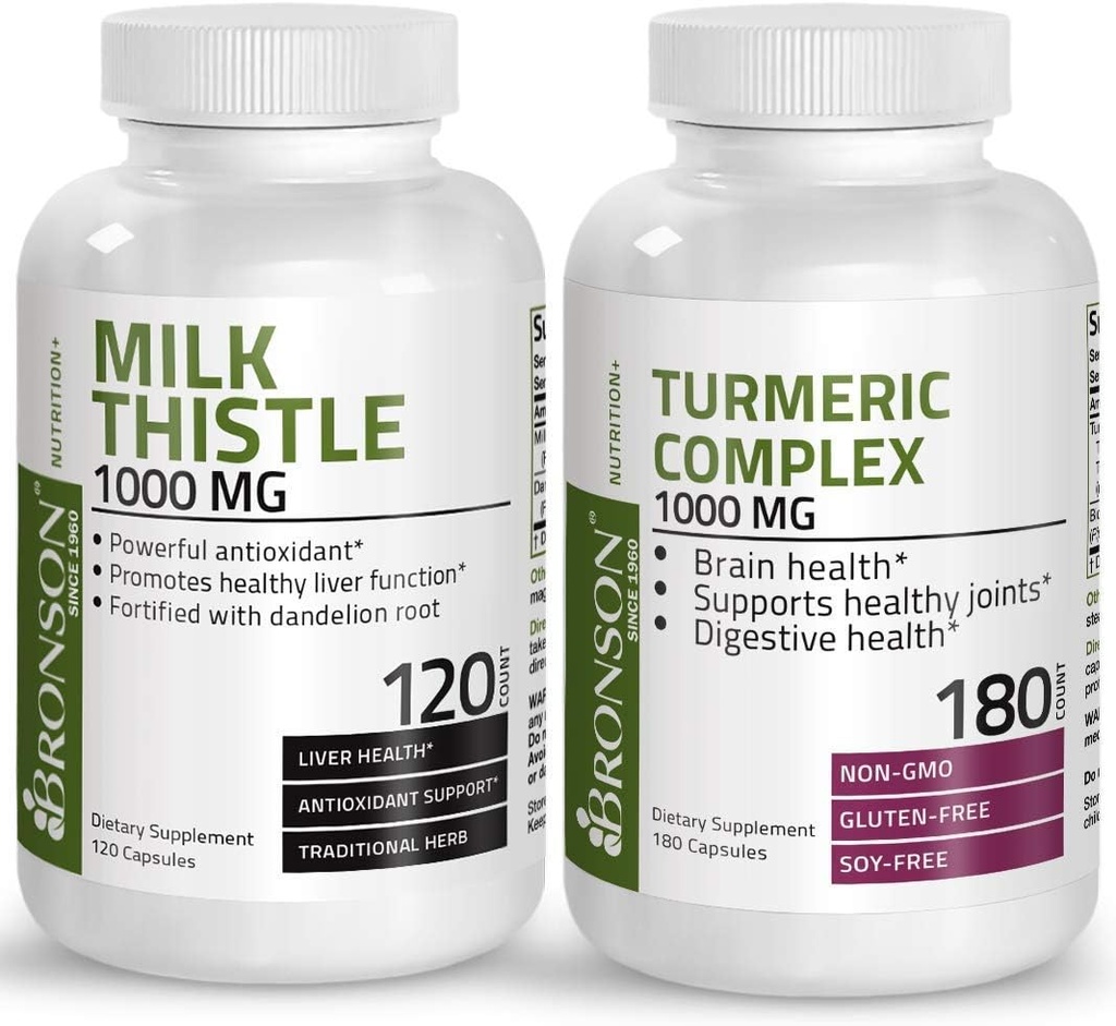 Bronson Turmeric Curcumin με την κοινή υποστήριξη υψηλής ισχύος BioPerine + γαϊδουράγκαθο γάλακτος 1000mg Silymarin Marianum & ρίζα δαντελίων