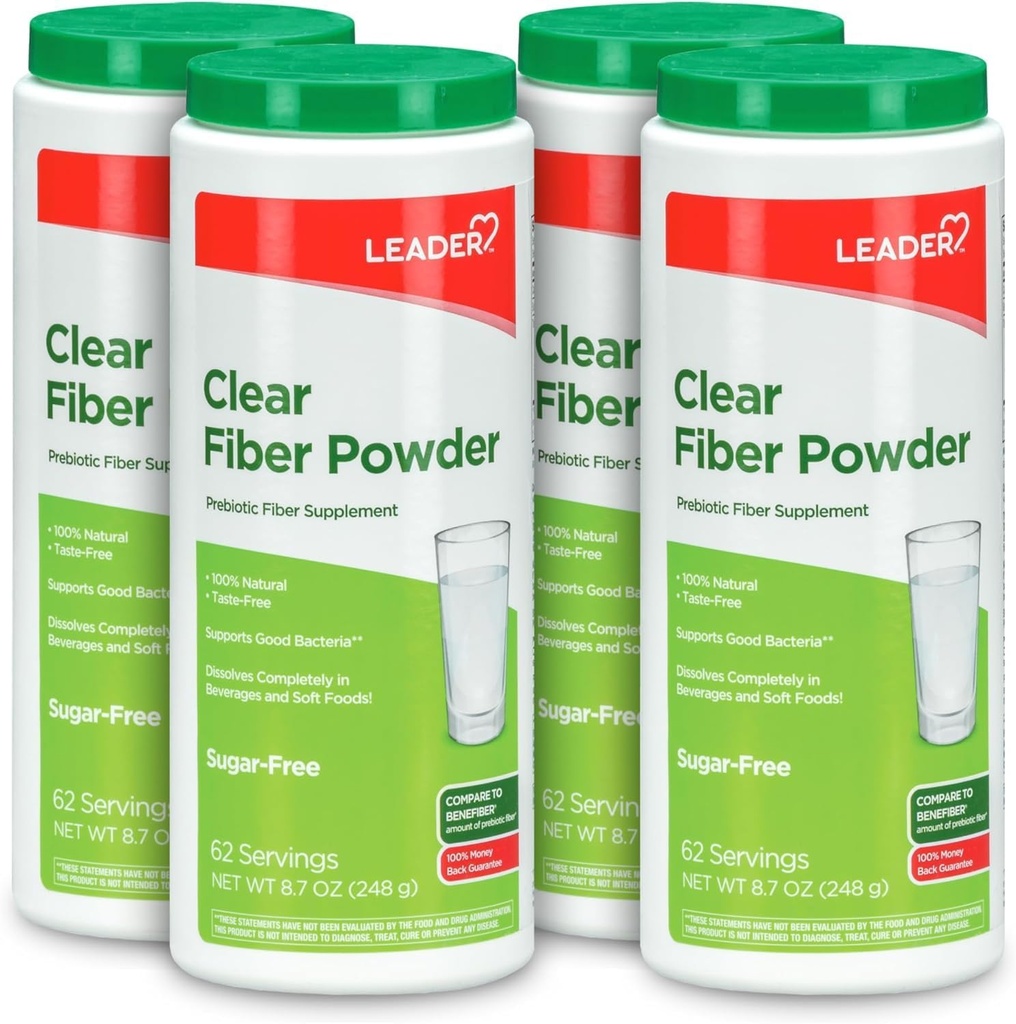 Leader Prebiotic Fiber Supplement Powder for Digestive Health, 100% Natural Daily Fiber Powder, Sugar-Free, Taste-Free, Gluten Free, Non-GMO, Unflavored, 62 Servings (8,7 OZ) (Pack of 4)