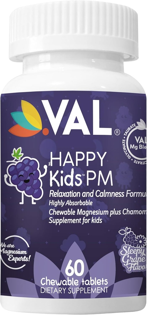 VAL Çocuklar PM Magnezyum Gummies | Sugar-Free Chewable Tabletler with Chamomile, Magnezyum Glycinate + Citrate + Taurate | Vitamin B6 & C | Natural Grape Flavor | Sleep & Calm Support | 60 Ct |