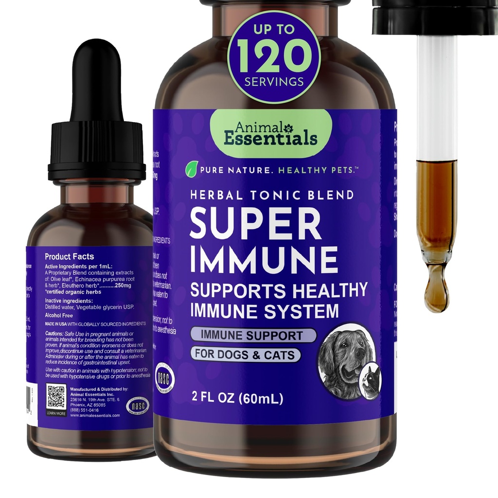 Animal Essentials Super Immune - Dog & Cat Immune Support for Puppies with Olive Leaf Extract & Echinacea, Olive Root for Dogs, Supports Respiratory Health & Wellness - 2 fl oz