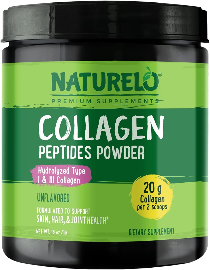 NATURELO Collagen Peptide Powder, Hydrolyzed Collagen Type I & III, Skin Hair & Joint Health - Χωρίς γεύση, 16 Ουγγιά 