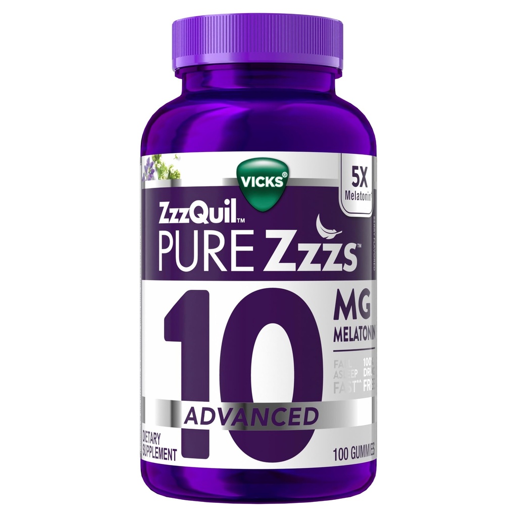 ZzzQuil Pure Zzzs Advanced Melatonin Gummies, Melatonin 10 mg, Sleep Aid, Chamomile & Lavender, Melatonin Sleep Gummies, Sleep Aids for Yetişkinler, Berry Flavored, 100 Sleep Gummies