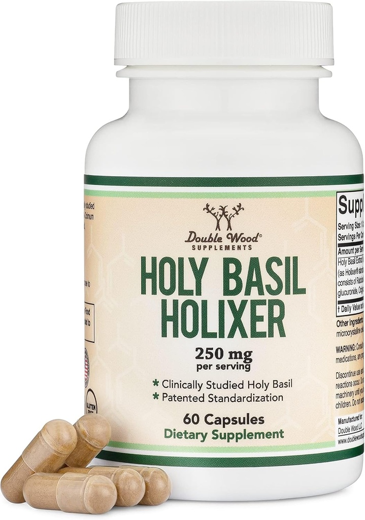 Tulsi Holy Basil Capsules (Holixer Formula) - World's Only Klinikly Studied Holy Basil Leaf Extract (Clinically Shown Results After 60 Days of Use) for Mood and Relaxation by Double Wood