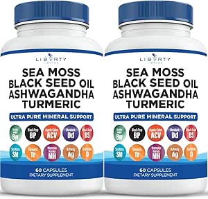 Sea Moss Black Seed Oil Ashwagandha Turmeric Bladderwrack Burdock - Manuka, Honey Dandelion, ACV Black Pepper Gluten Free - 2Pack