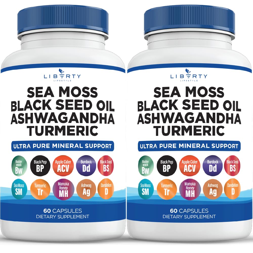 Sea Moss Black Seed Oil Ashwagandha Turmeric Bladderwrack Burdock - Manuka, Honey Dandelion, ACV Black Pepper Gluten Free - 2Pack