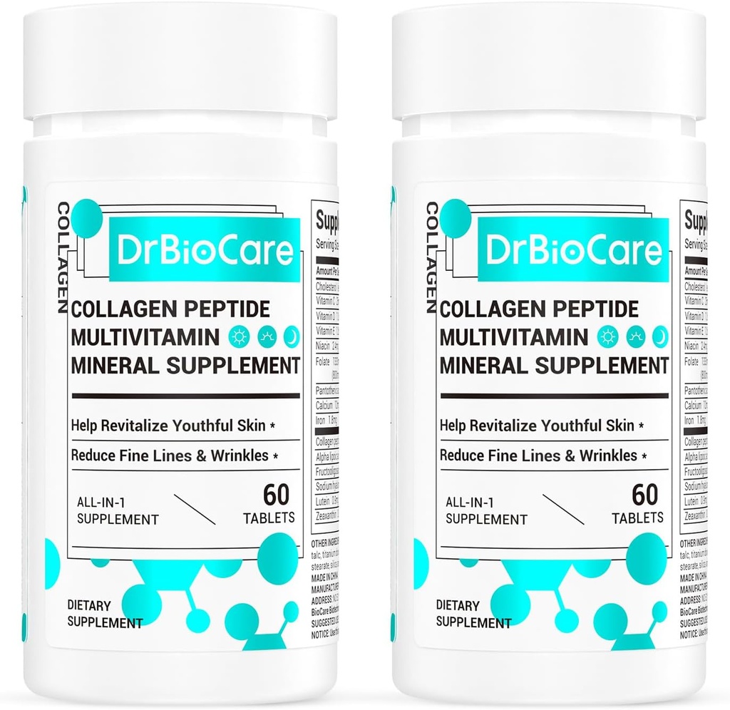 DrBioCare Collagen Peptides για γυναίκες, βιταμίνη ομορφιάς & συμπλήρωμα ορυκτών, Περιέχει βιταμίνη D3, προβιοτικά για γυναίκες & κολλαγόνο Peptides, σύμπλεγμα βιταμινών Β, βιταμίνη Ε 120 δισκία