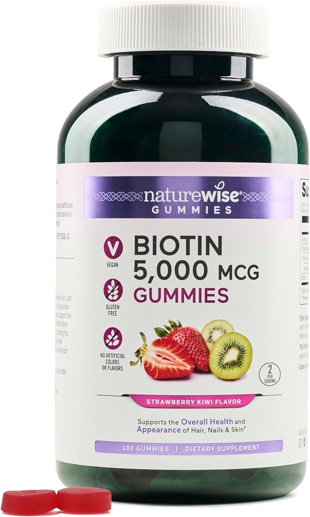 NatureWise Biotin Gummies - Sağlıklı Saçlar, Cilt ve Güçlü Çiçeği Destekler - B7 5000 Telefon - Doğal Güzellik - Strawberry-Kiwi Flavor - Vegan, Non-GMO, Gluten Free - 180 Kont[90 Day Supply]