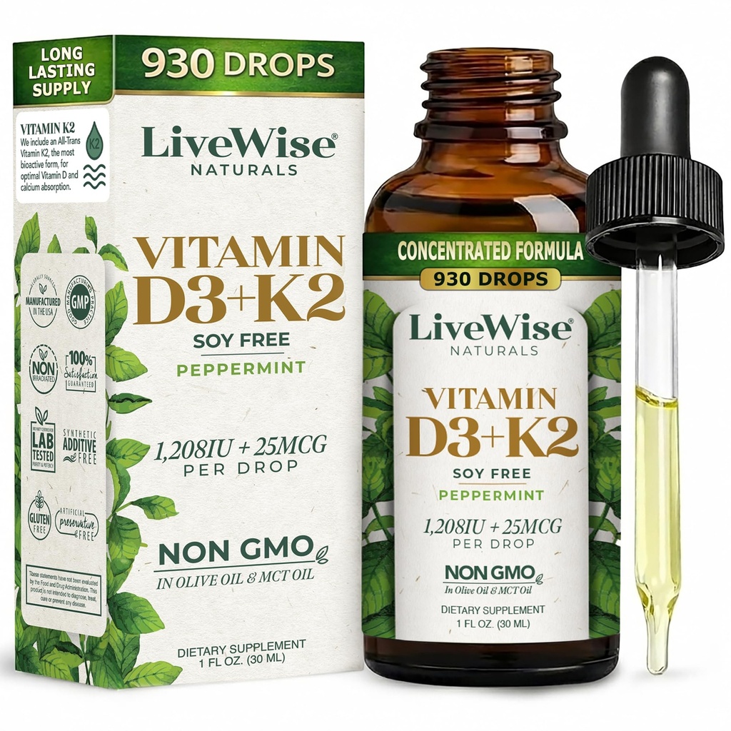 LiveWise Naturals Βιταμίνη D3 με K2 Liquid Drops, Όλα φυσικά, μη ΓΤΟ, ΗΠΑ Made, 1208 IU Βιταμίνη D3 & 25 mcg K2, Υποστηρίζει την υγεία των οστών και τα επίπεδα ενέργειας, που εγχύνονται με μέντας, ελιάς, και MCT Oil