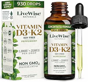 The LiveWise Naturals Vitamin D3 with K2 Liquid Drops, All Natural, Non-GMO, USA Made, 1208 IU Vitamin D3 & 25 mcg K2, Supports Bone Health and Energy Levels, Infused with Peppermint, Olive, and MCT Oil