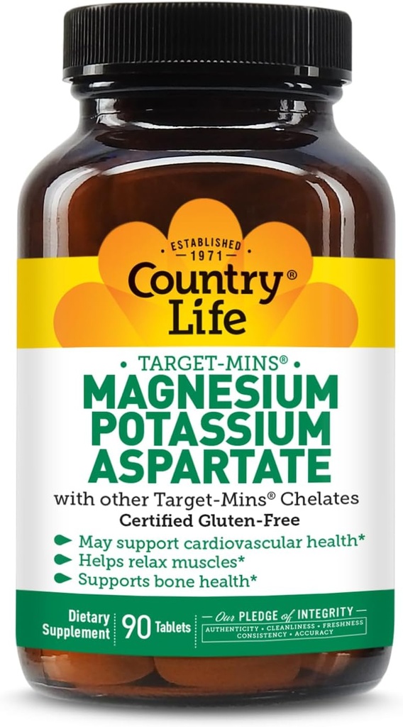 Country Life Target-Mins Magnesium Potassium Aspartate, 600mg/198mg, 90 Tablets, Certified Gluten Free, Certified Vegan