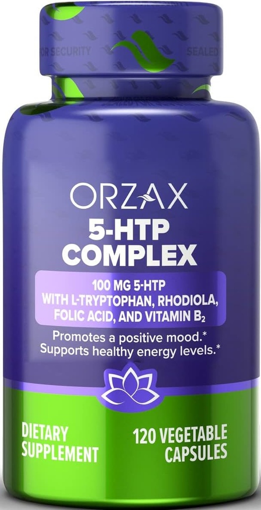 ORZAX 5-HTP 200mg Συμπληρώματα Καψάκια με L-Tryptophan, Rhodiola, Βιταμίνη B2, και Φολικό οξύ - Υποστηρίζει Ζωτικότητα και Εσωτερική Ειρήνη Συμπληρώματα 100mg 5HTP ανά υπηρεσία, 120 κάψουλες