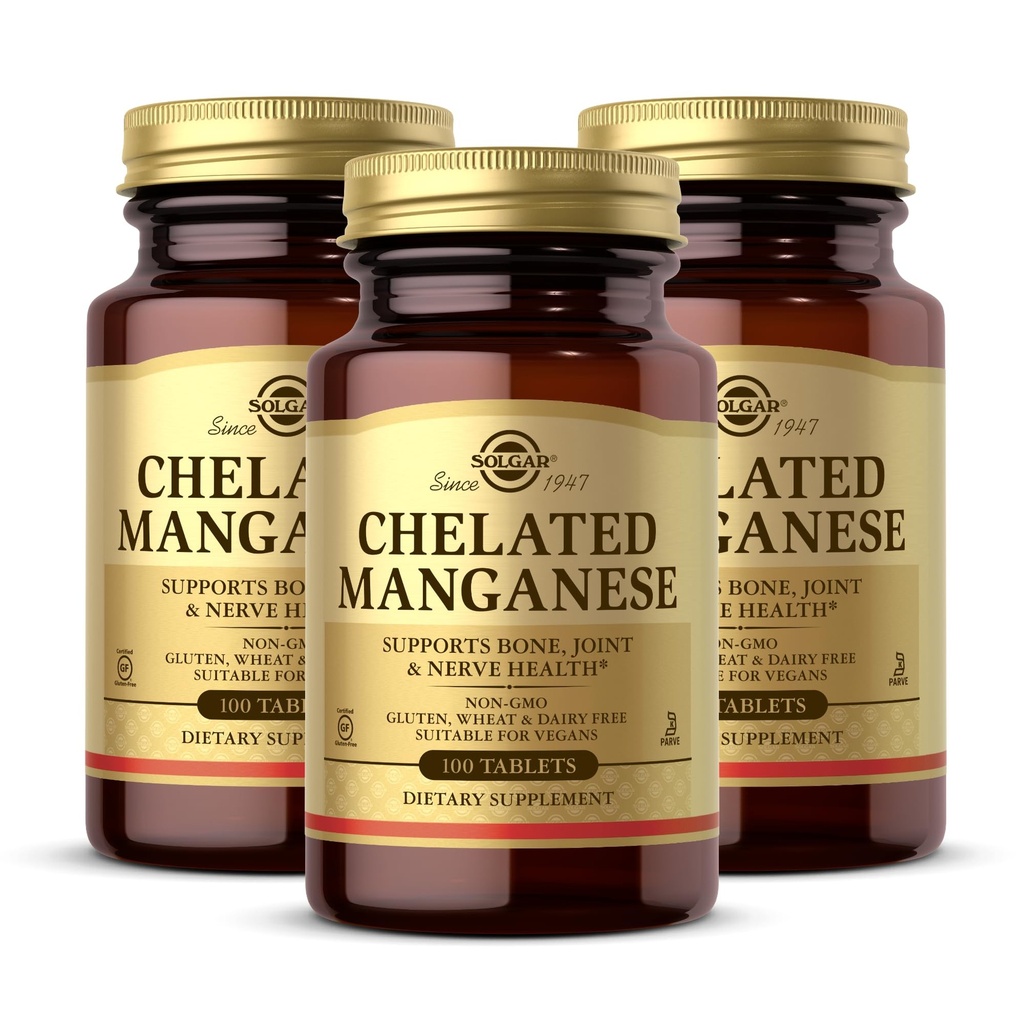 Solgar Chelated Manganese - 100 Tablets, Συσκευασία των 2 - Υποστηρίζει την υγεία των οστών, των αρθρώσεων και των νεύρων - Μη ΓΤΟ, Vegan, χωρίς γλουτένη, χωρίς γαλακτοκομικά, Kosher - 200 Σύνολο εξυπηρετήσεων