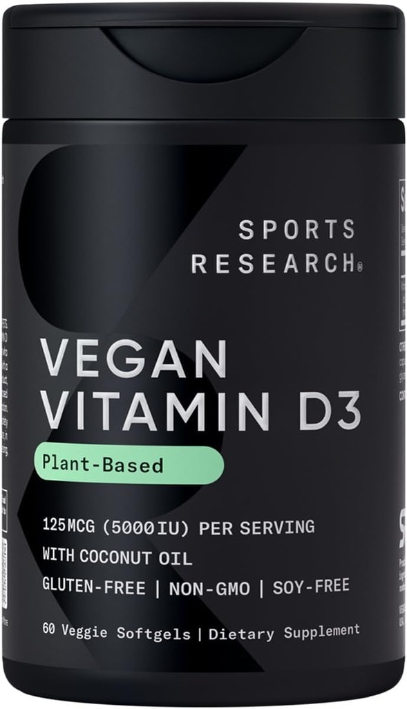Spor Araştırması Vegan D3 5000IU (125 mcg) in Coconut Oil | 100% Plant-Based D for Bone, Common & Immune Support | Carrageenan Free, Vegan sertifikalı & Non-GMO Onaylandı (60 Softgels)