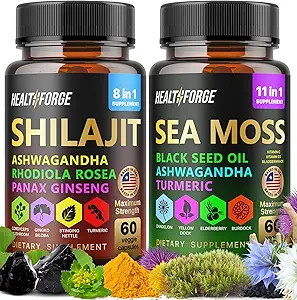 Shilajit, Ashwagandha κάψουλες & κάψουλες θαλασσινού μόσχου κάψουλες μαύρο σπορέλαιο κάψουλες Ashwagandha, Turmeric - Shilajit για γυναίκες άνδρες ανοσοποιητική υποστήριξη Rhodiola Rosea, Shilajit 60 κάψουλες & Sea Moss 60 κάψουλες σετ