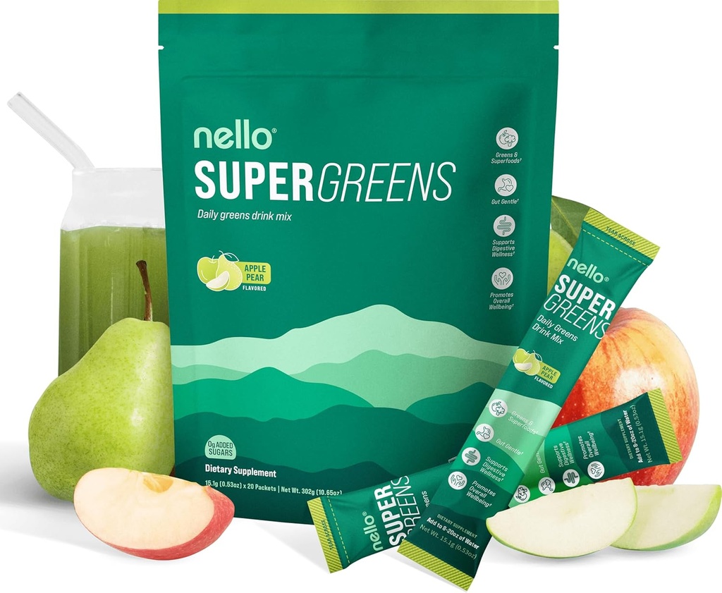 Nello Supergreens Superfood Drink Mix with Chlorella, Moringa, Spinach, Broccoli, Digestive Enzymes, and Probiyotiks – Apple Pear Flavor, 20 Hizmet, Seyahat Paketi