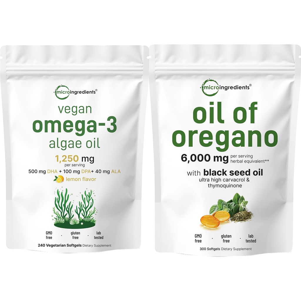 Micro συστατικά Λάδι από Ρίγανο Softgels 300 Count & Vegan Omega 3 Algae Συμπλήρωμα Oil Bundle 2 Pack 