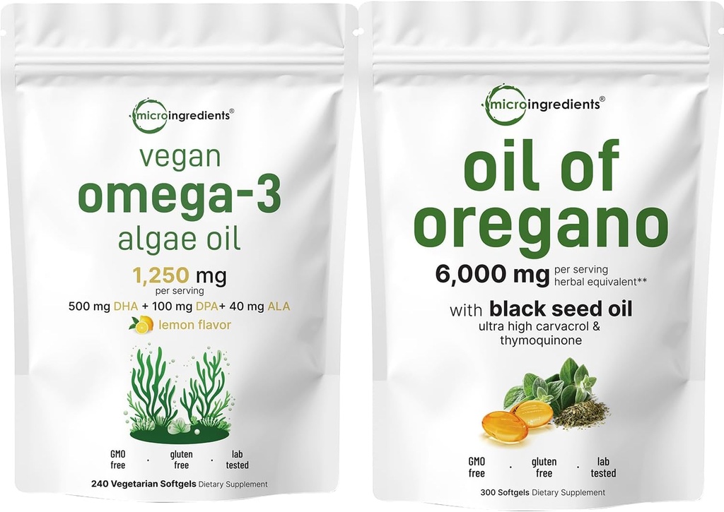 Oregano Softgels 300 Kont & Vegan Omega 3 Algae Oil Supplement Sche 2 Pack | Carvacrol & Thymoquinone | Full Spectrum Omega-3 Alternatif
