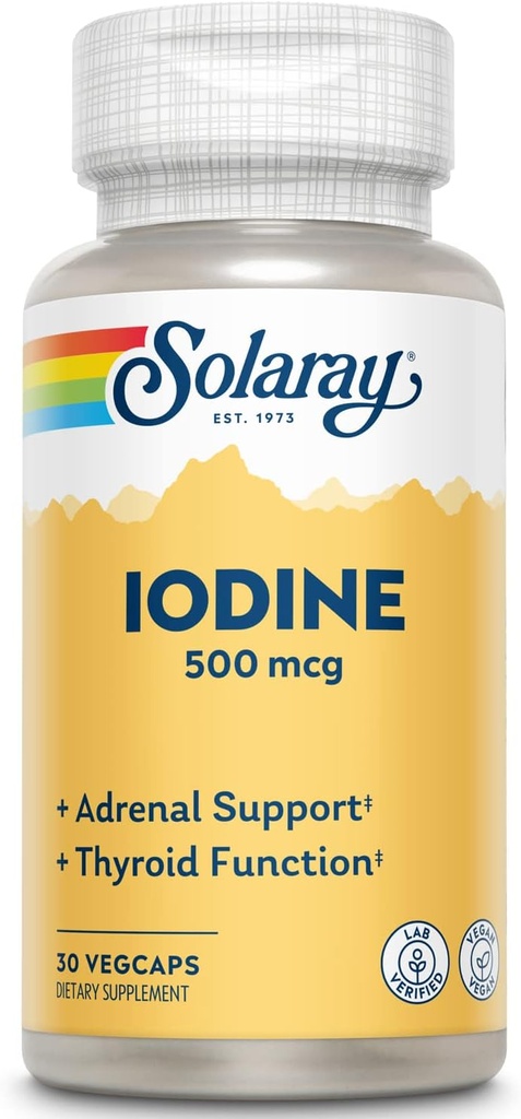 Solaray Iodine 500 mcg, Iodine Supplement for Health Adrenal and Thyroid Support, Energy, Metabolism, and Focus, Pyum Iodide, Vegan, 60-Day Money-Backs, 30 Services, 30 VegCaps