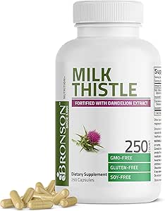Bronson Milk Thistle Silymarin Marianum & Dandelion Root Liver Health Support, Antioxidant Support, Detox, 250 Capsules