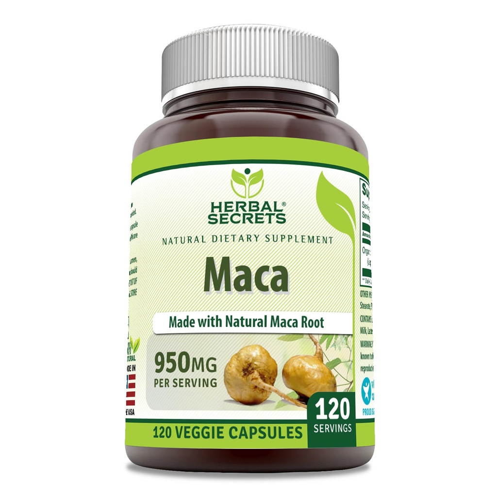 Herbal Sırları Maca Supplement | 950 Mg | 120 Veggie Capsules | Non-GMO | Gluten Free | Made in USA