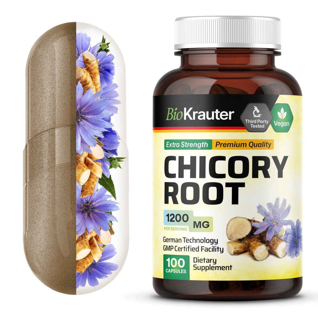 BIO KRAUTER Chicory Fiber Supplement - 1200 mg Güçlü - 100 Kont - Chicory Root Toz - Inulin Capsules for Digestive Support - Vegan