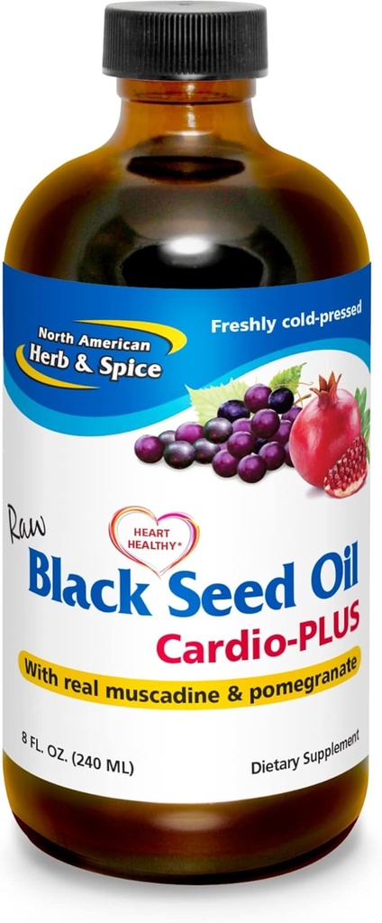 NORTH AMERICAN HERB & SPICE Black Seed Oil Cardio-Plus - 8 fl oz - Muscadine & Pomegranate - Non-GMO - 48 Servisler