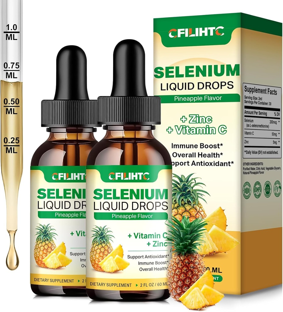 2 Pack Selenium Liquid Drops, 200mcg Liquid Selenium Supplement with Vitamin C & çinko, Immune System, Antioksi & Heart Health, High Abxia, Pinele Flavor