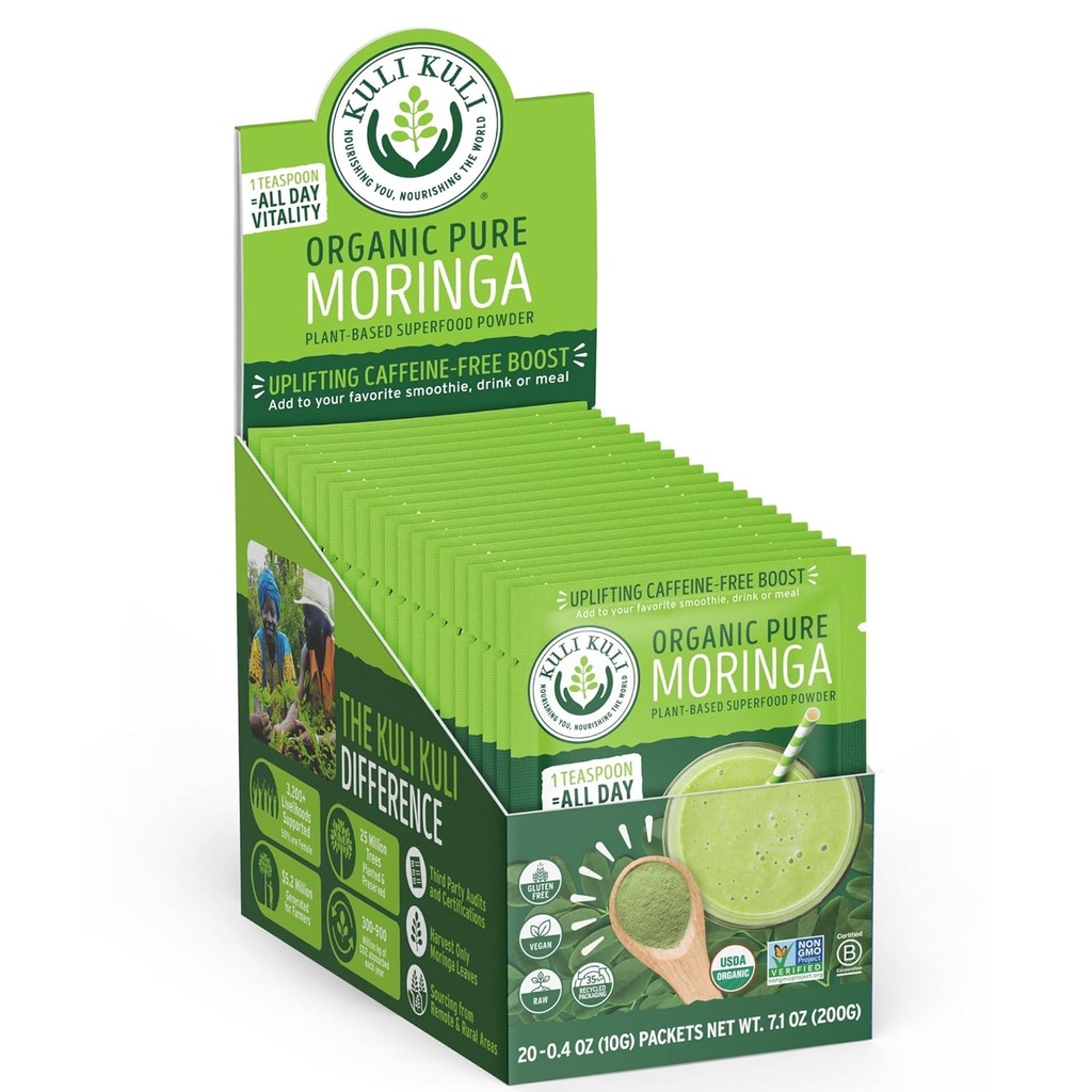 Kuli Moringa Oleifera Organic Leaf Toz & Green Smoothie,% 100 Pure USDA sertifikalı & Non-GMO Moringa Toz, Büyük Parlaklar, Çay ve Yiyecek, 0.4 Ounce, 20 (KK PM) Paketi