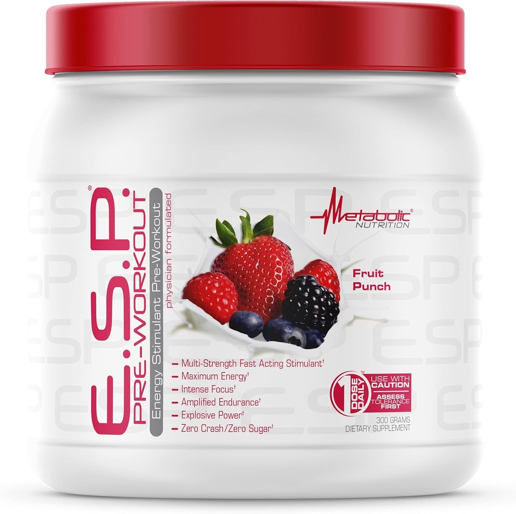 Metabolic Nutrition, ESP, Energy and Endurance Stimulating Pre Workout, Pre Intra Workout, High Energy and Mental Focus, Stimulating Workout Supplement, Fruit Punch, 300 Grams (90 Servings)