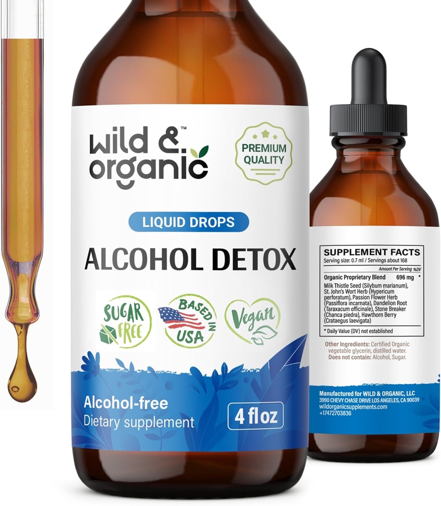 Vahşi & Organik Alkol Detox Drops - Liver & Kidney Süt Butle, Chanca Piedra Stone Breaker - Liver Cleanse Detox için Anti Alkol Kompleksi - Vegan, No Sugar &mixs - 4 fl oz