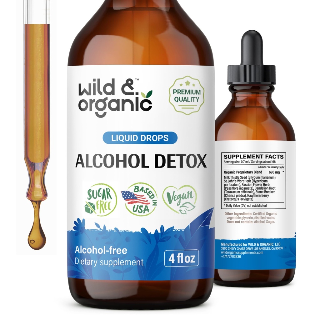 Vahşi & Organik Alkol Detox Drops - Liver & Kidney Süt Butle, Chanca Piedra Stone Breaker - Liver Cleanse Detox için Anti Alkol Kompleksi - Vegan, No Sugar &mixs - 4 fl oz